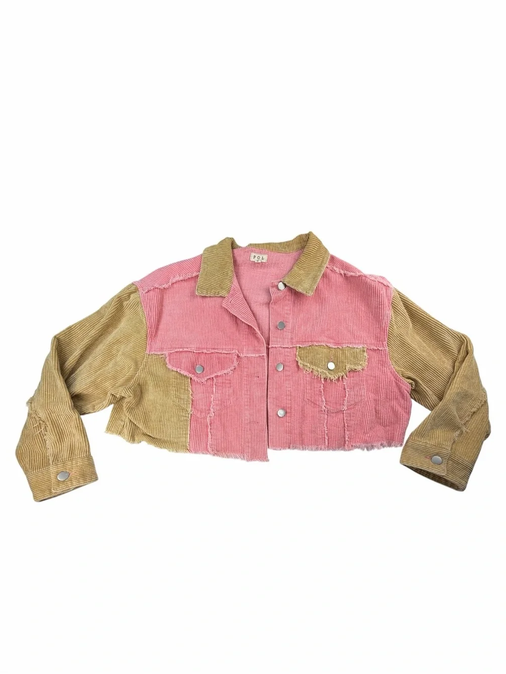 POL Women’s Corduroy Color Block Cropped Jacket In Tan/Peach Size Small - Picture 2 of 8